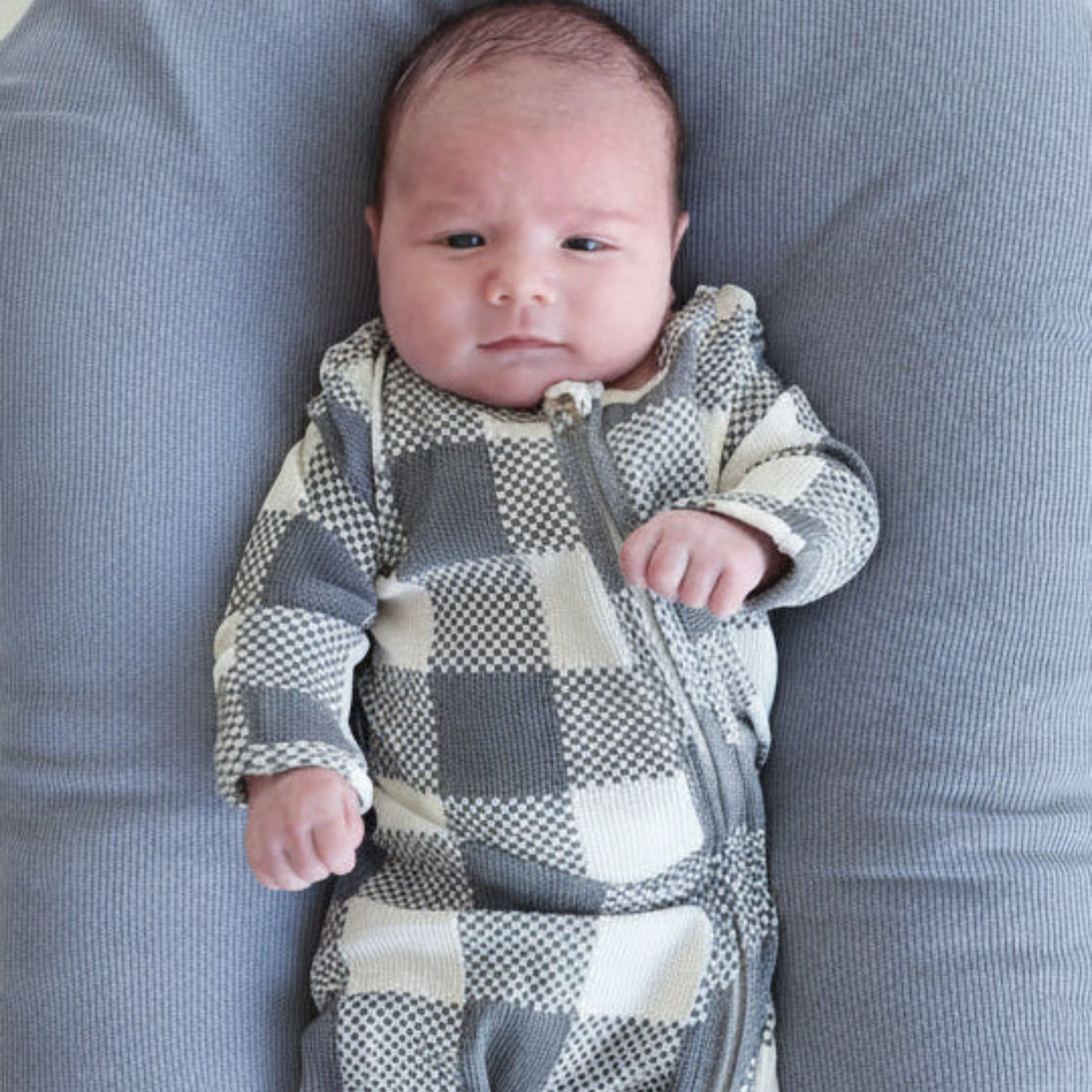 Caden Lane Bamboo Waffle Zipper Footie - Big Check Denim, 0-3 M.