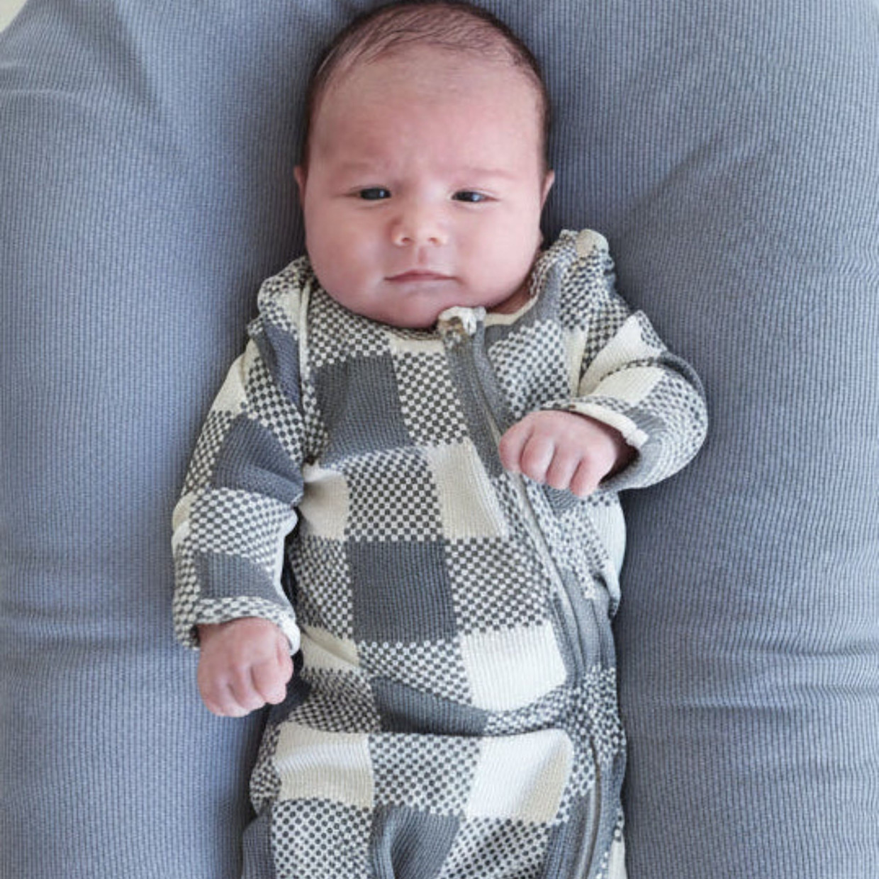 Caden Lane Bamboo Waffle Zipper Footie - Big Check Denim, 0-3 M.