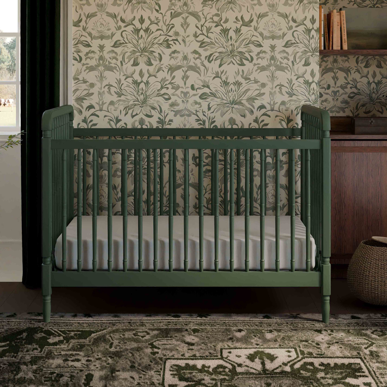 Namesake Liberty 3-in-1 Convertible Spindle Crib with Toddler Bed Conversion Kit - Forest Green.