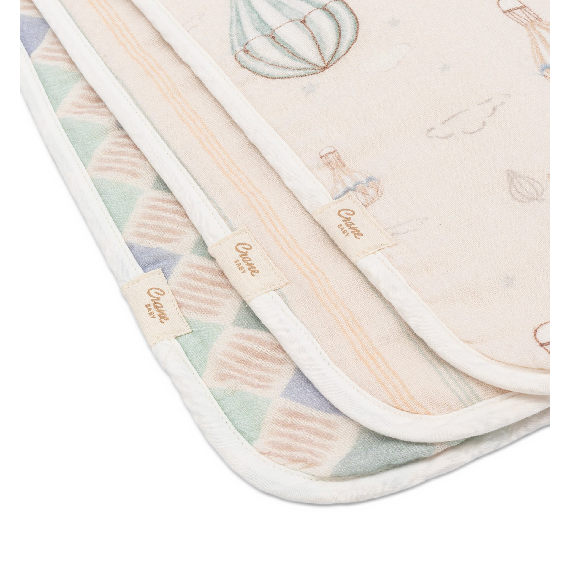 Crane Baby Cotton Muslin and Terry Burp Cloth Set (3 Pack).
