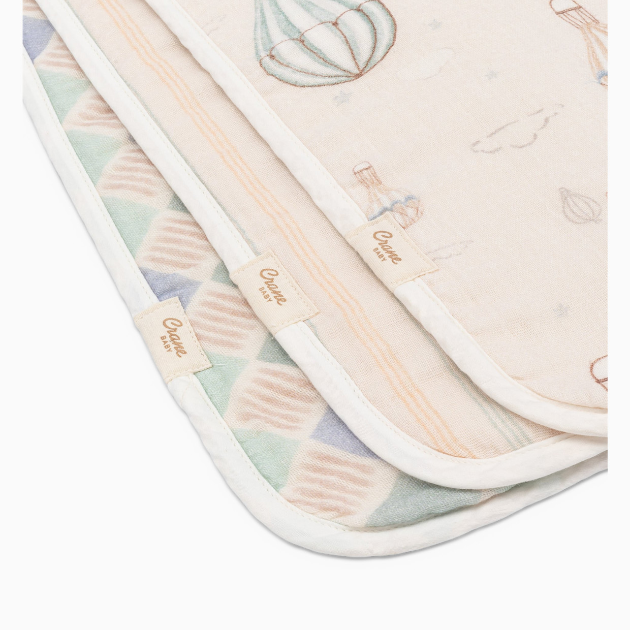 Crane Baby Cotton Muslin and Terry Burp Cloth Set (3 Pack) - Skye Hot Air Balloon.