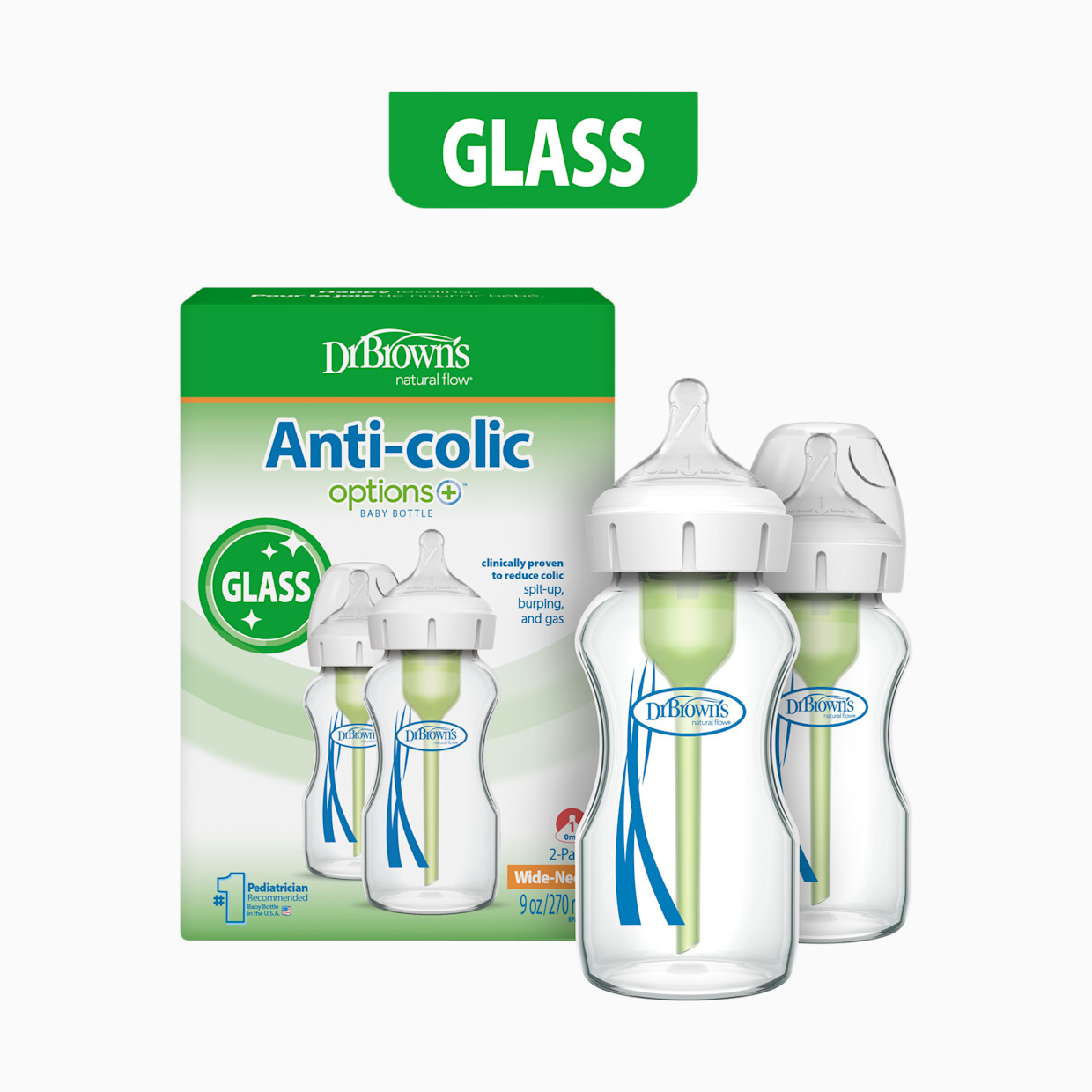 Dr. Brown's Anti-colic Options+ Wide-Neck Glass Baby Bottle - 9 Oz.