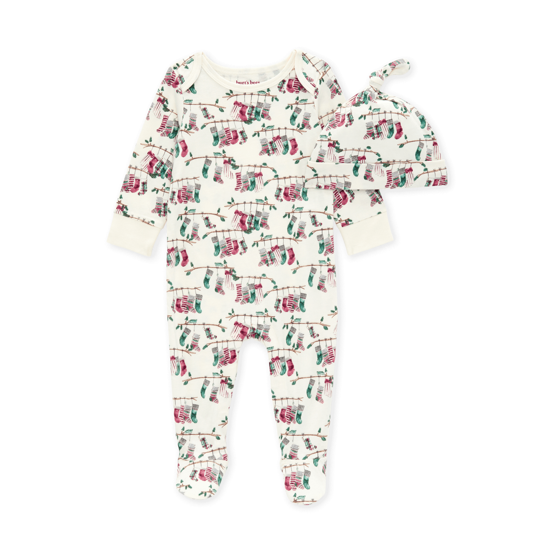 Burt's Bees Baby Footed Jumpsuit & Knot Top Hat Set Our Stockings, 3