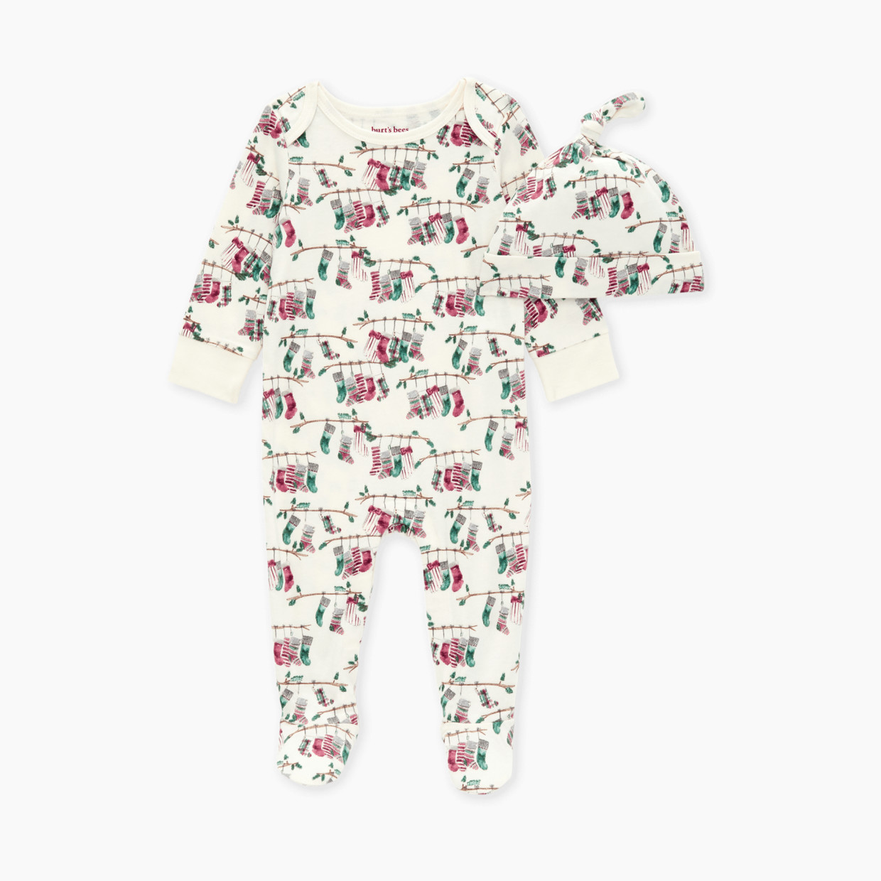 Burt's Bees Baby Footed Jumpsuit & Knot Top Hat Set - Our Stockings, Newborn.