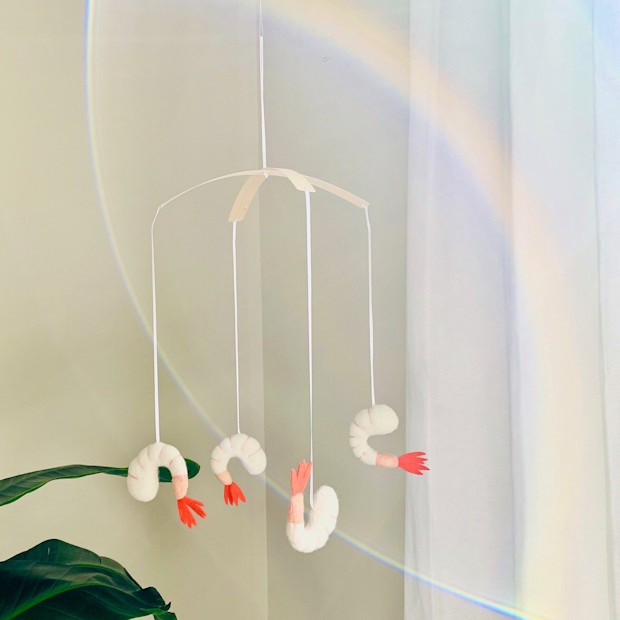 pompon design Shrimp Upcycled Wool Mobile.