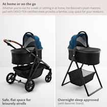 Two-panel configuration of bassinet on stroller with stand