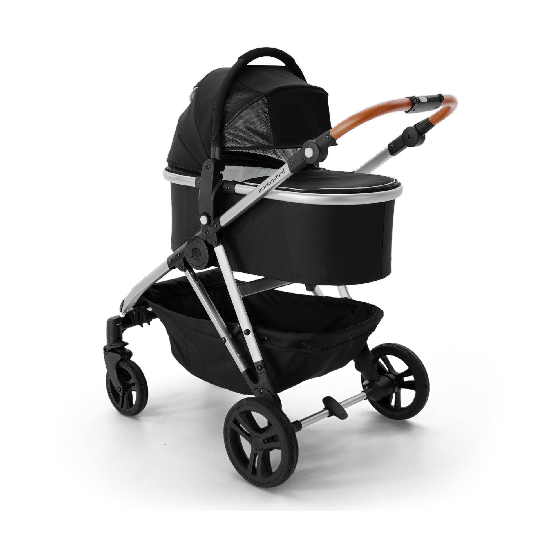 Mockingbird Single-to-Double Stroller 2.0 and Bassinet Bundle - Black/Windowpane Canopy With Penny Leather.