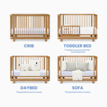 Four different nursery product renderings including crib, toddler bed, daybed, and sofa