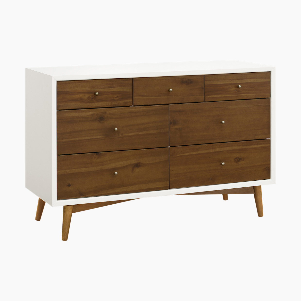 babyletto Palma 7-Drawer Double Dresser - Warm White With Natural Walnut.