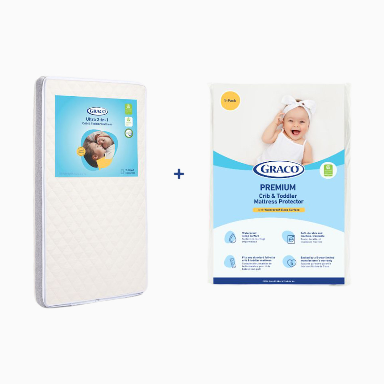 Graco Ultra Premium 2-in-1 Crib & Toddler Mattress + Premium Waterproof Mattress Protector - 1.