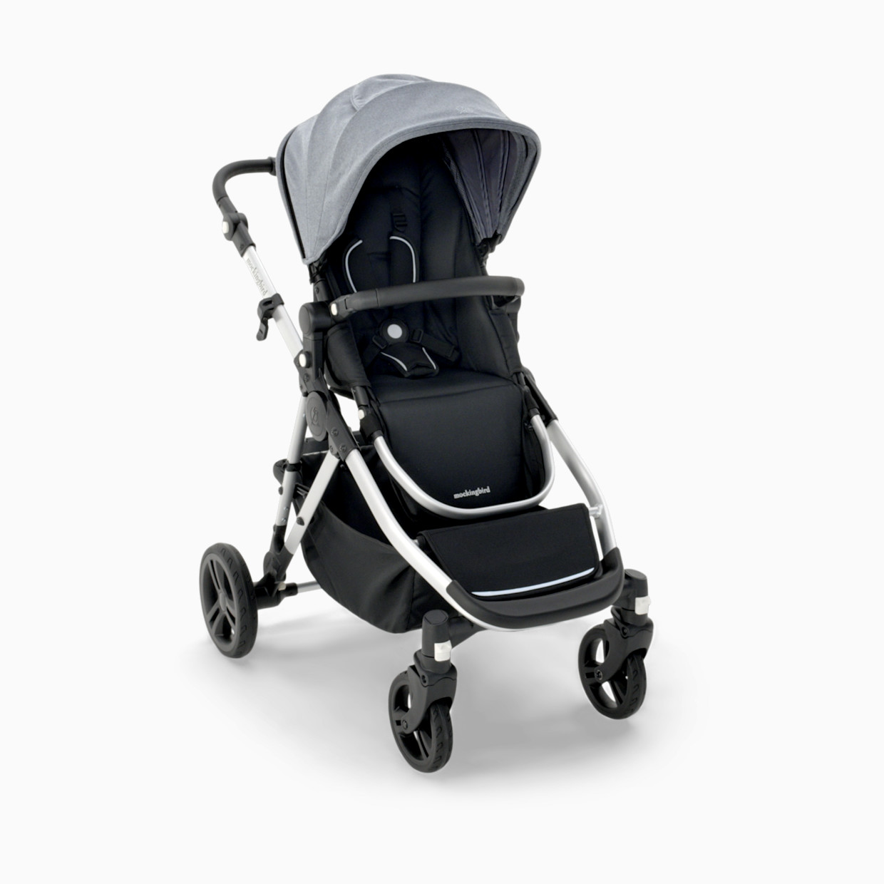 Mockingbird Single-to-Double Stroller 2.0 - Heather Grey Canopy With Black Leather.
