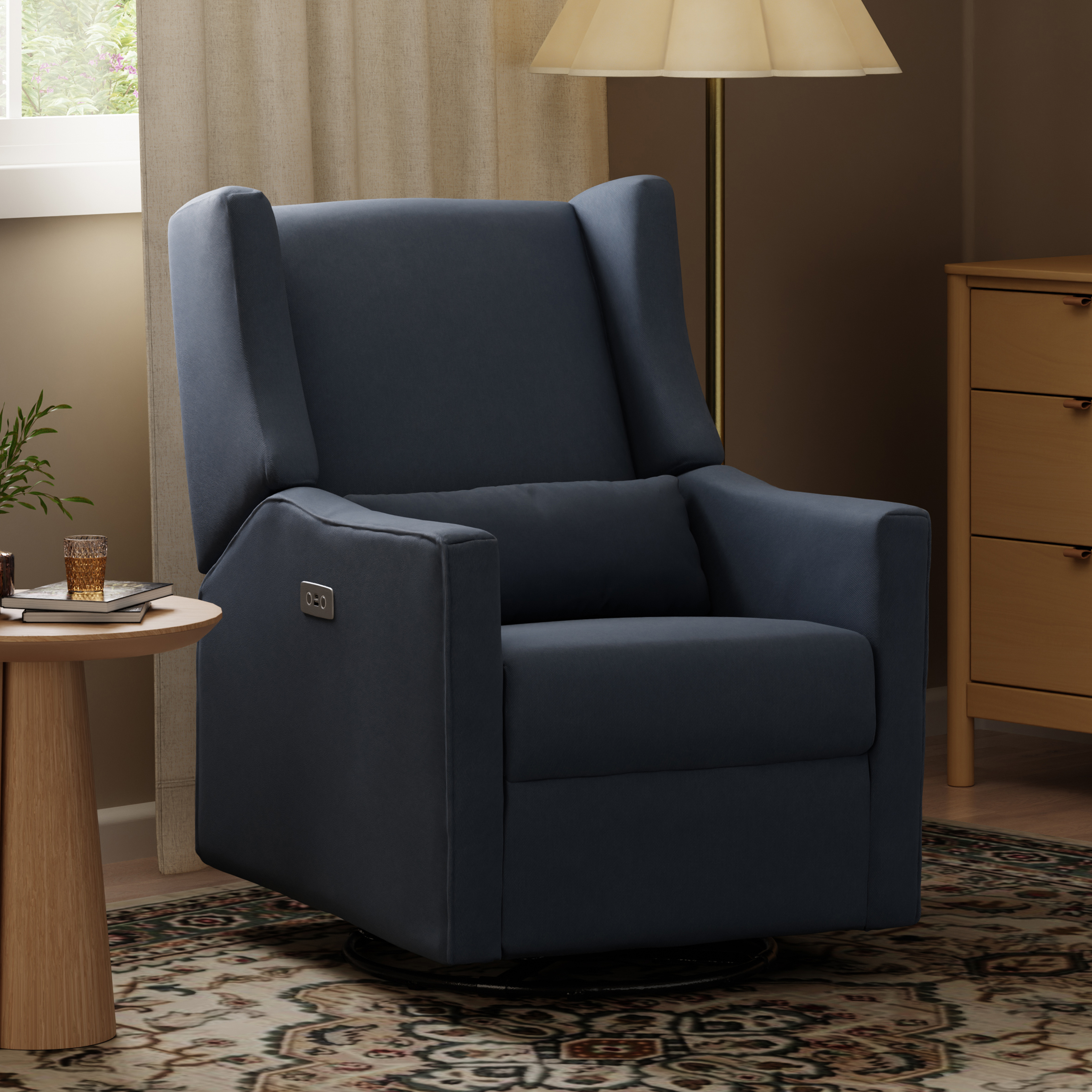 babyletto Kiwi Electronic Recliner and Swivel Glider - Performance Navy Eco Twill.