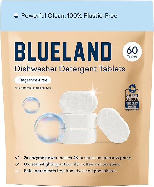 BLUELAND  100% Plastic-Free Dishwasher Detergent Tablets, 60 Count.
