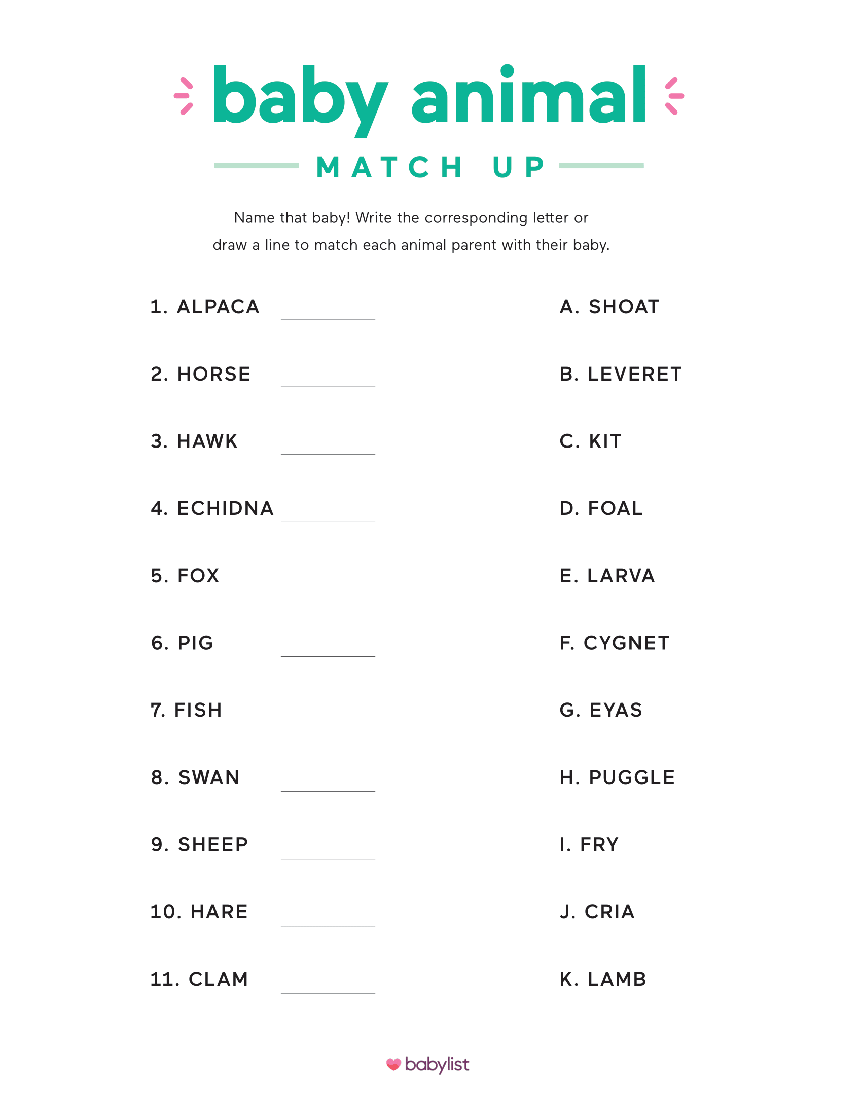 baby animal match game answer key