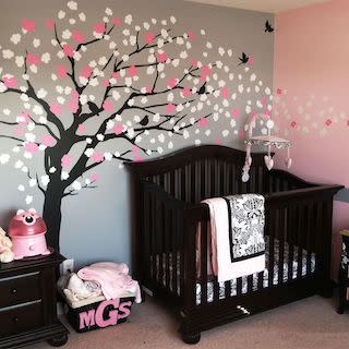Baby Nursery Large White Tree Vinyl Wall Decal With Hot Pink Birds