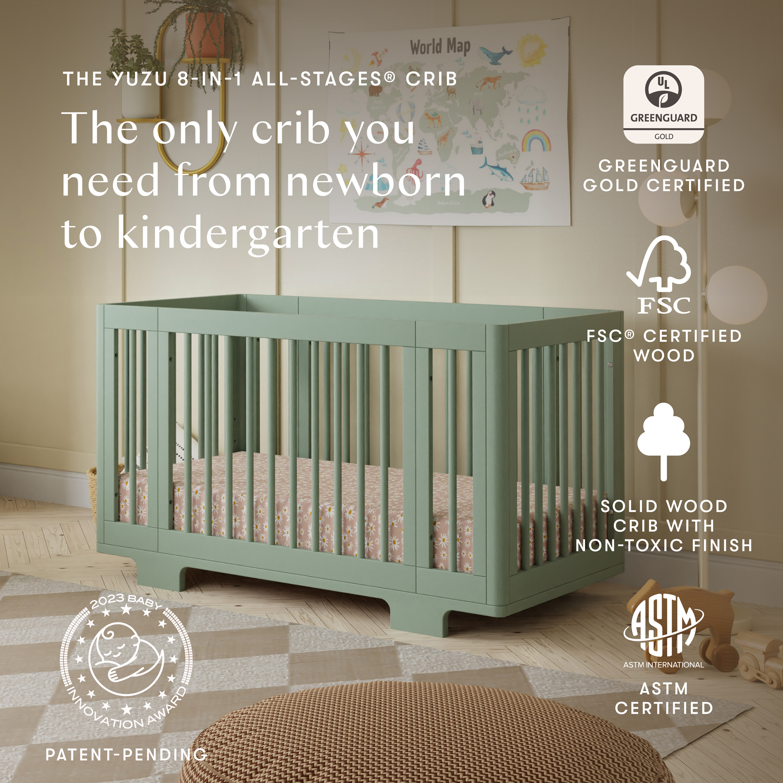 babyletto Yuzu 8-in-1 Convertible Crib with All-Stages Conversion Kits - Light Sage.