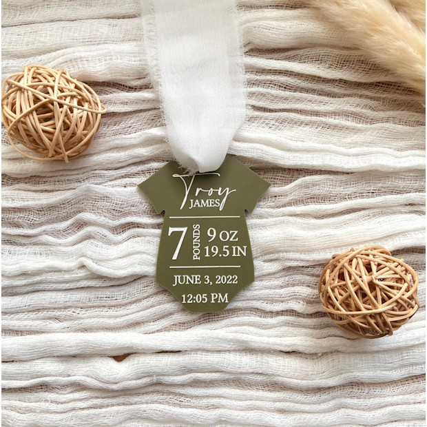TheSaltyWillow Personalized Birth Stat Bodysuit Ornament.