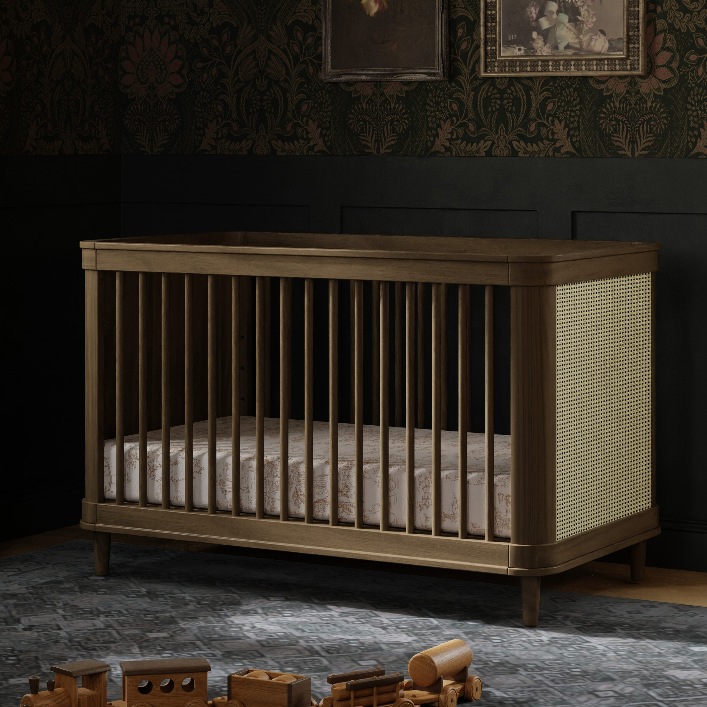 Namesake Marin 3-in-1 Convertible Crib - Natural Walnut With Blonde Cane.