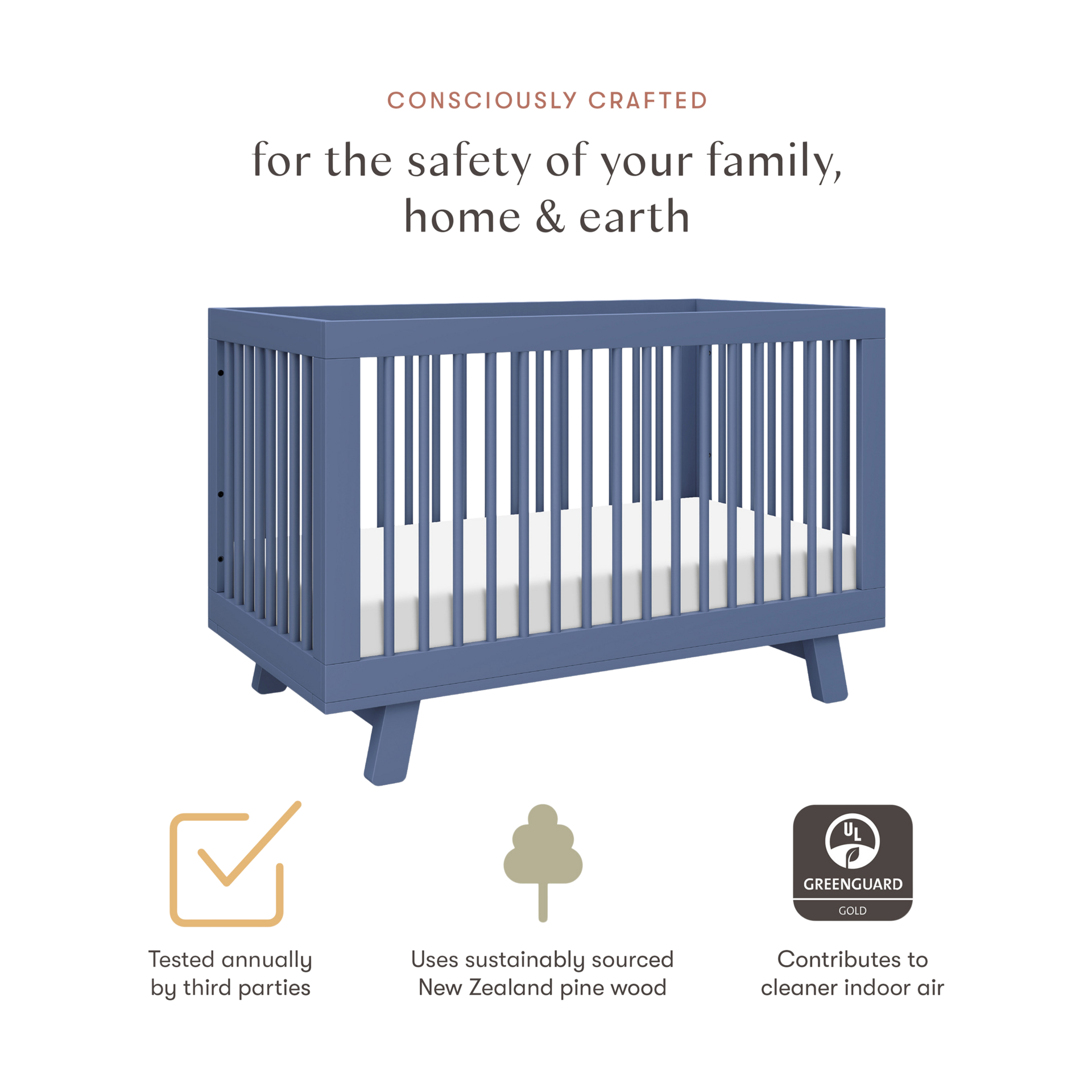 babyletto Hudson 3-in-1 Convertible Crib with Toddler Bed Conversion Kit - Cove Blue.