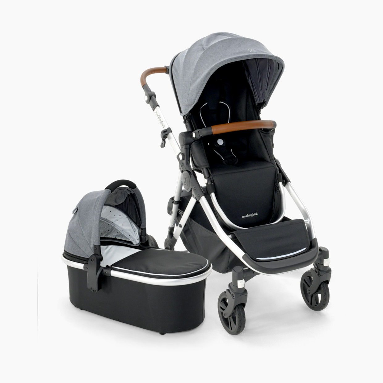 Mockingbird Single-to-Double Stroller 2.0 and Bassinet Bundle - Heather Grey Canopy With Penny Leather.