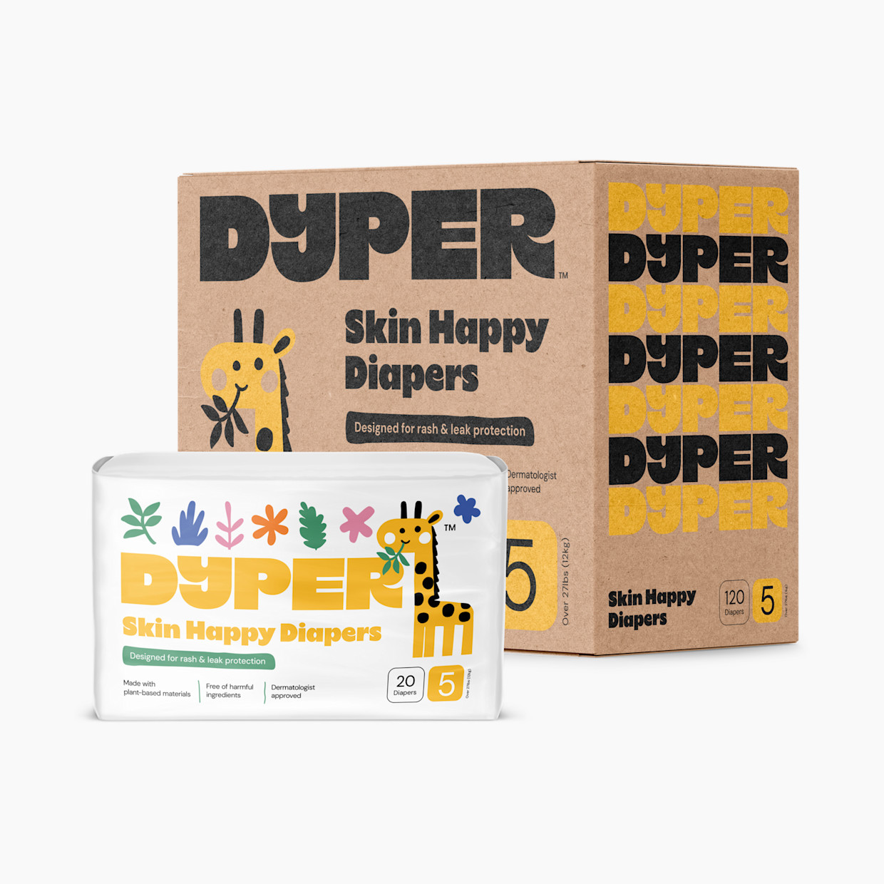 DYPER Skin Happy Diapers - Monthly Box - Size 5, 120 Count.