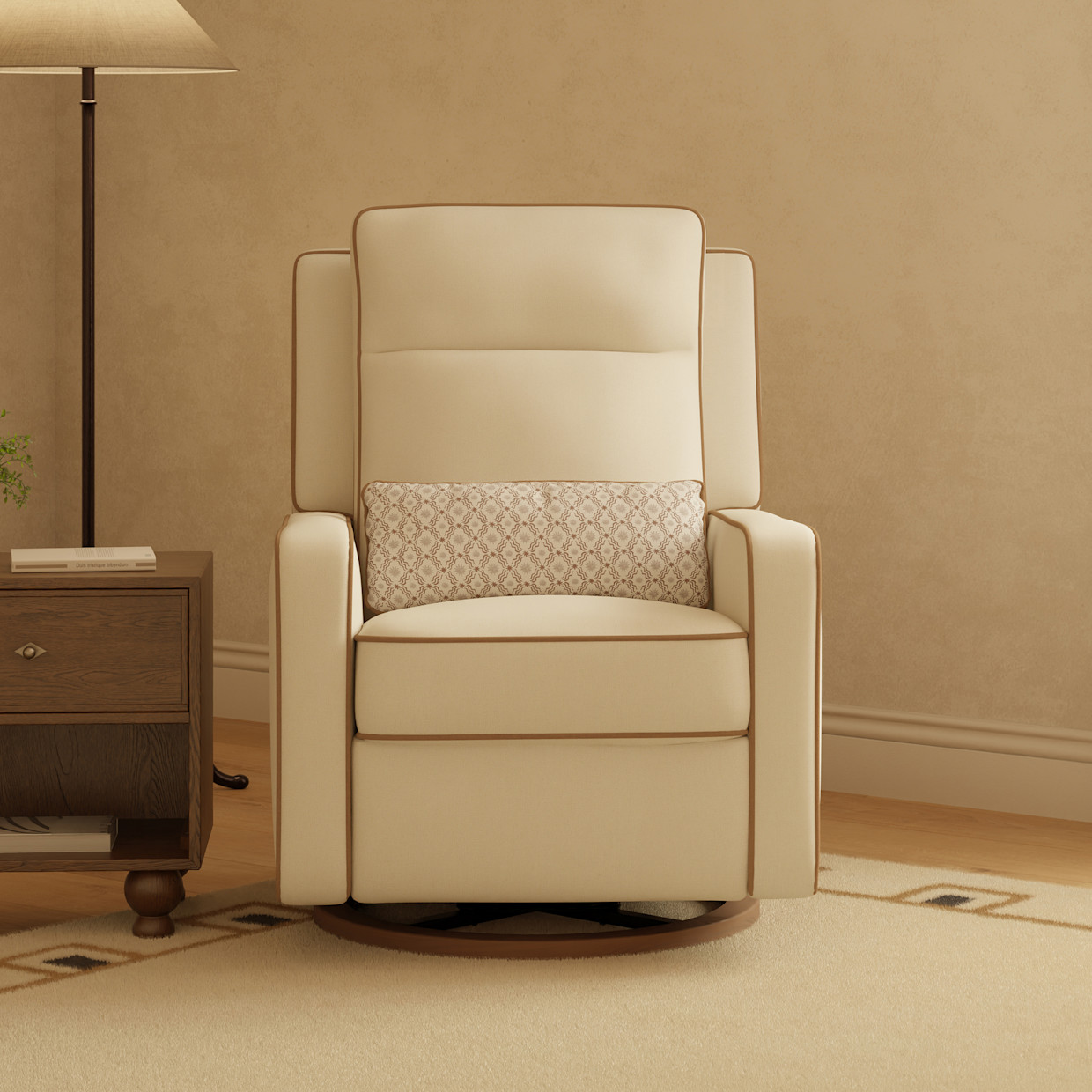 babyletto Sigi Pro Power Recliner and Swivel Glider by Nate Berkus - Performance Cream Linen W/ Toffee Base.