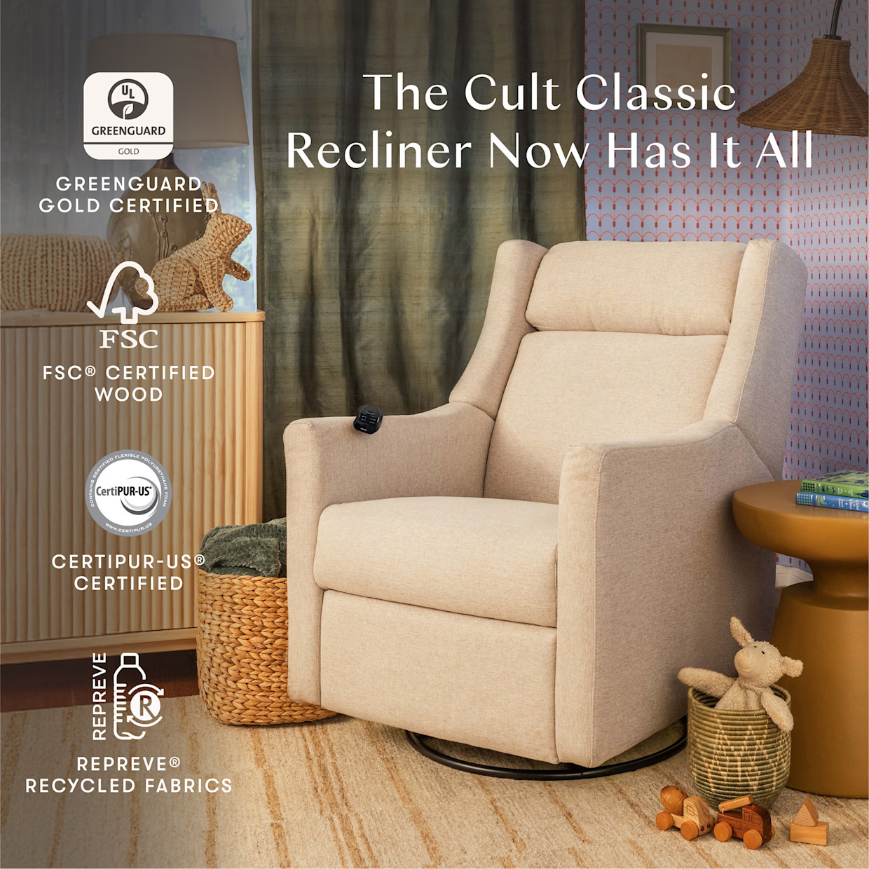 babyletto Kiwi Deluxe Power Recliner and Swivel Glider - Performance Beach Eco-Weave.