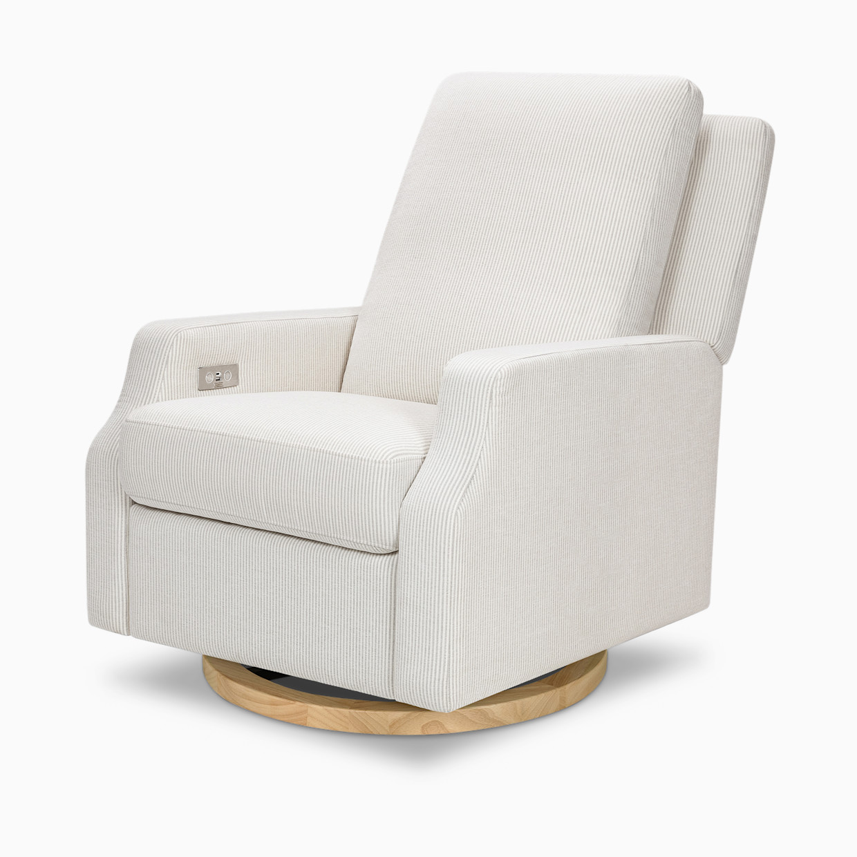 Namesake Crewe Electronic Recliner and Swivel Glider - Fog Chatham Stripe Performance Eco-Weave With Light Wood Base.
