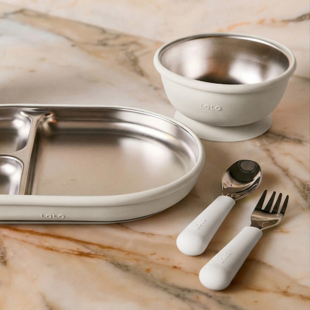 Lalo Stainless Mealtime Essentials - 4pc Set - Oatmeal.