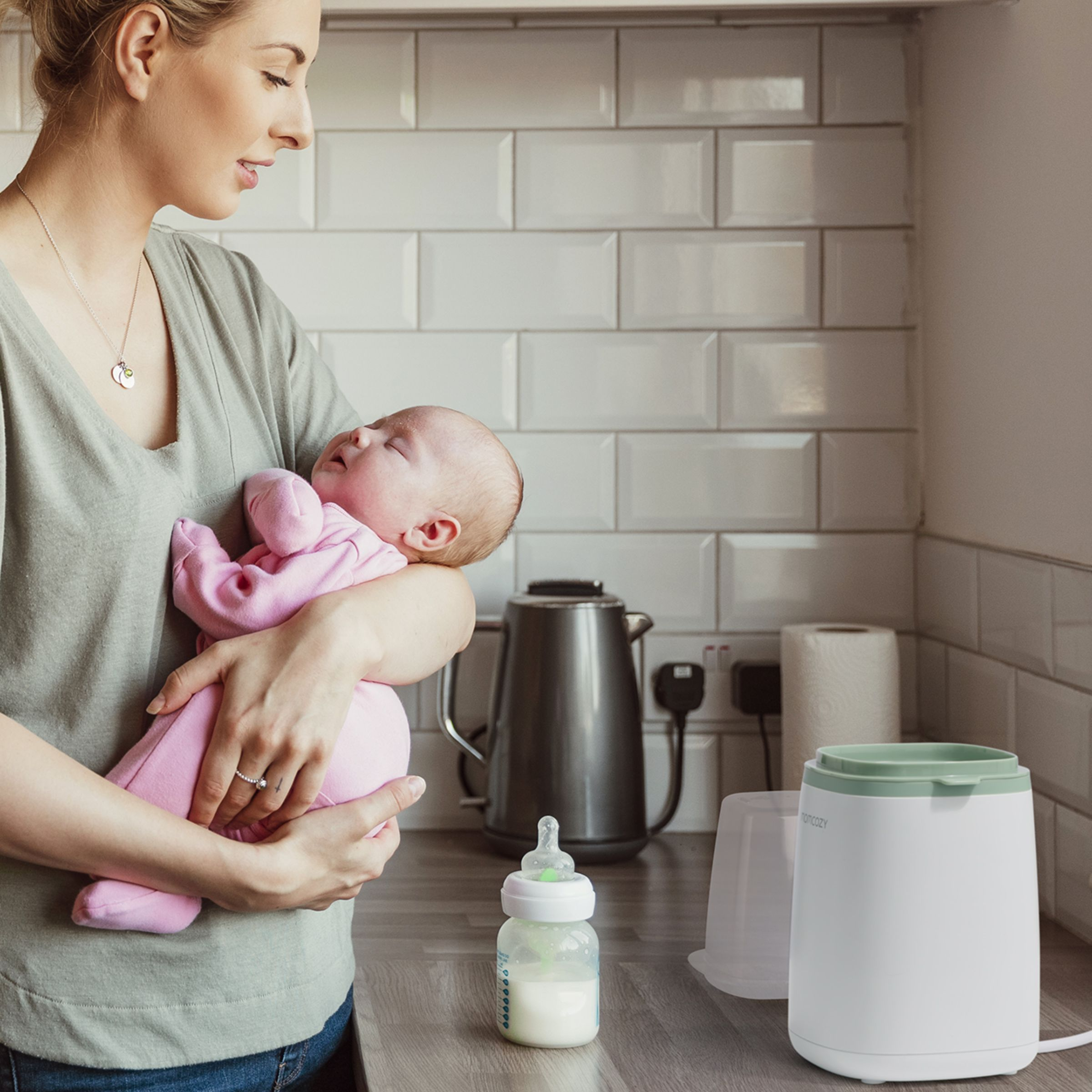 Momcozy Baby Bottle Warmer - White/Sage.