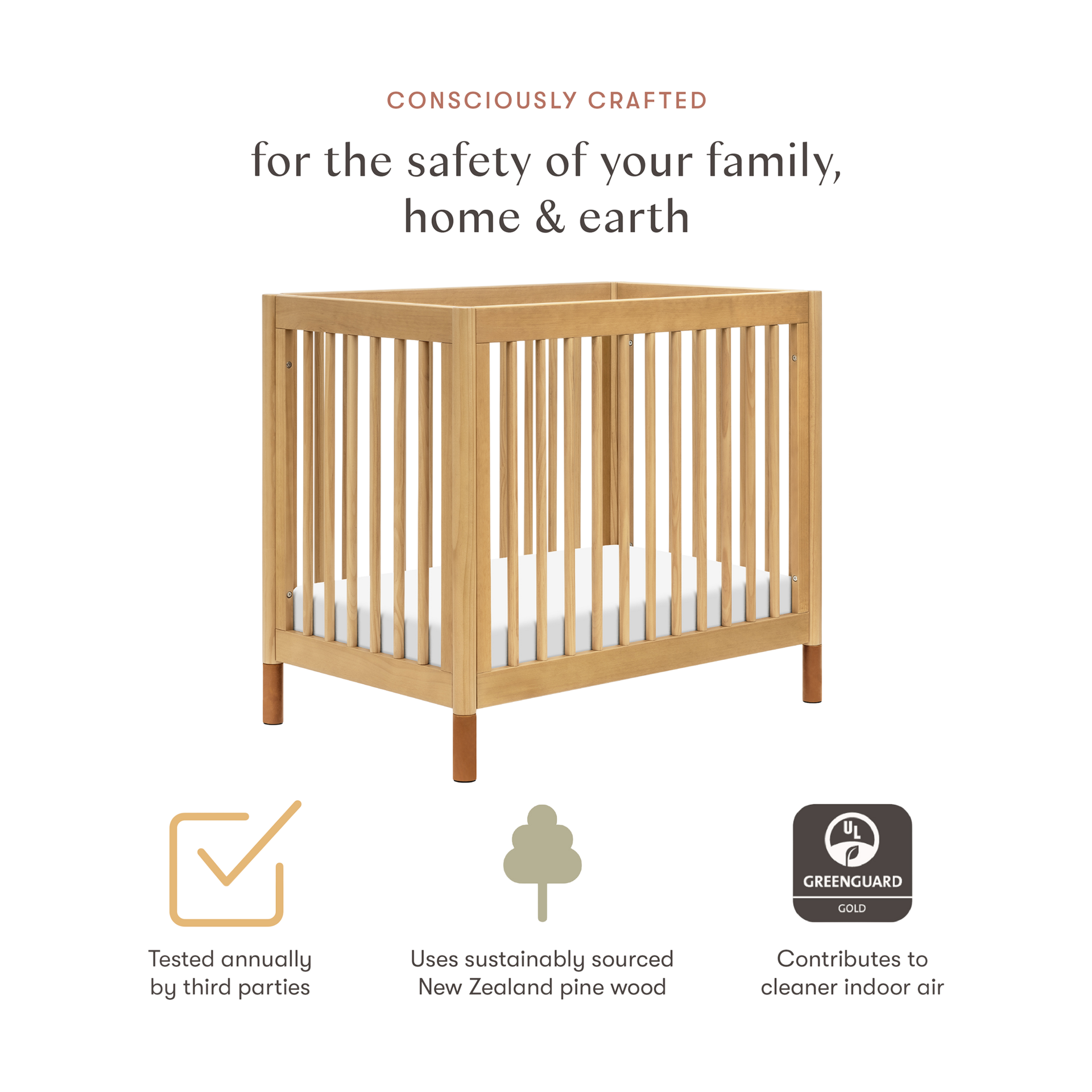 babyletto Gelato 4-in-1 Convertible Mini Crib - Honey With Vegan Tan Leather Feet.