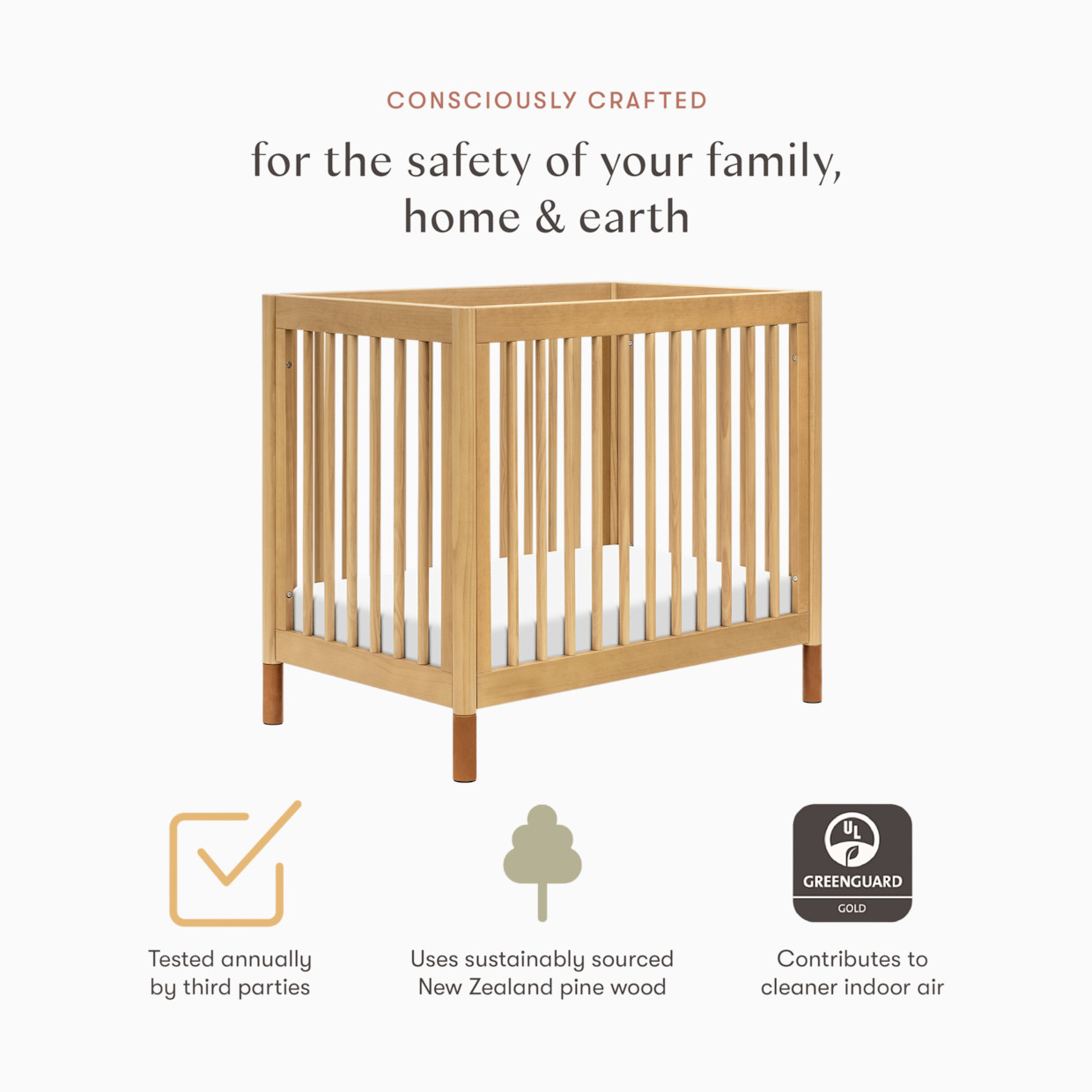 babyletto Gelato 4-in-1 Convertible Mini Crib - Honey With Vegan Tan Leather Feet.