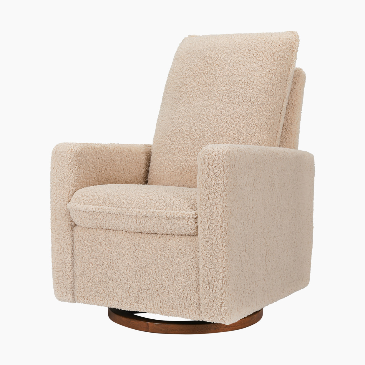 babyletto Cali Pillowback Swivel Glider - Chai Shearling With Dark Wood Base.