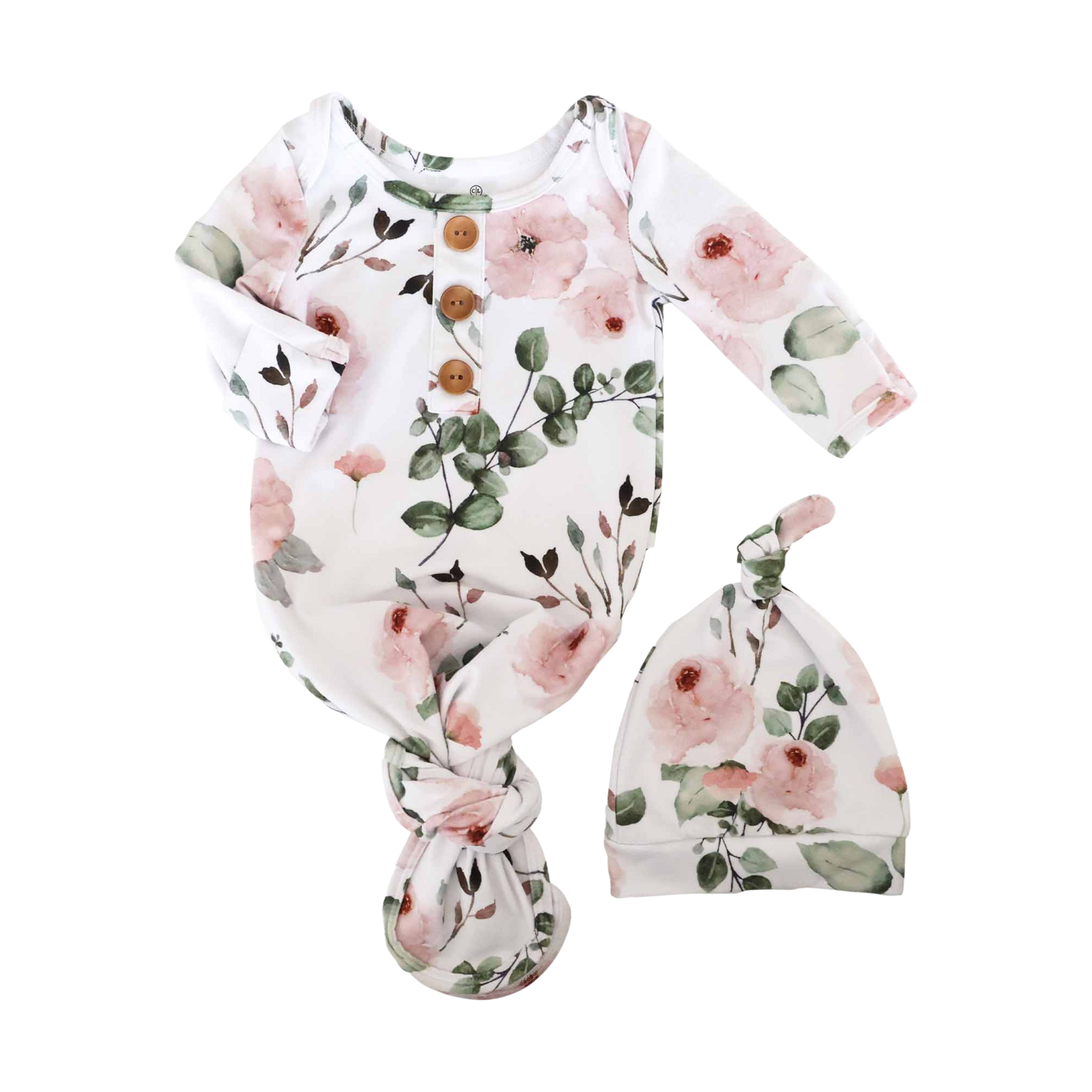 Caden Lane Newborn Baby Knot Gown & Hat Set - Millie's Dusty Rose Garden, Newborn.