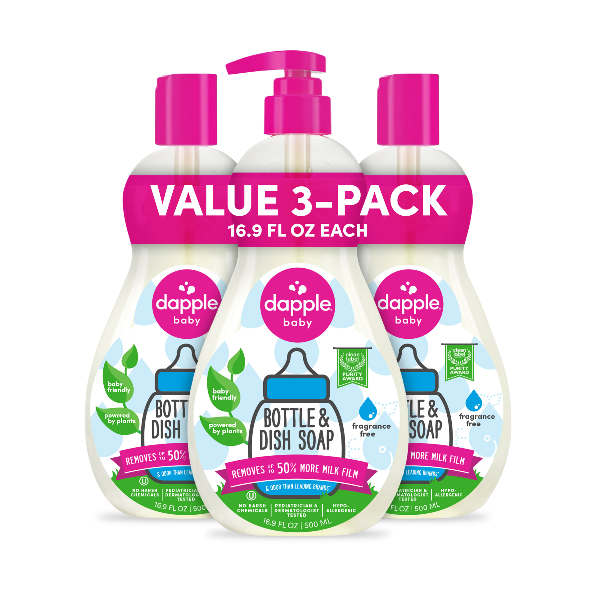 Dapple Baby Bottle Soap, Hypoallergenic Dish Soap for Baby Bottles, Powered by Plants, 1 Pump Included, Packaging May Vary, Fragrance Free, 16.9 Fl Oz (Pack of 3)