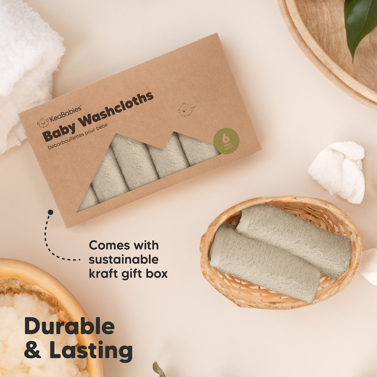 KeaBabies Deluxe Baby Bamboo Viscose Washcloths (6 Pack) - Earth Brown, 6.