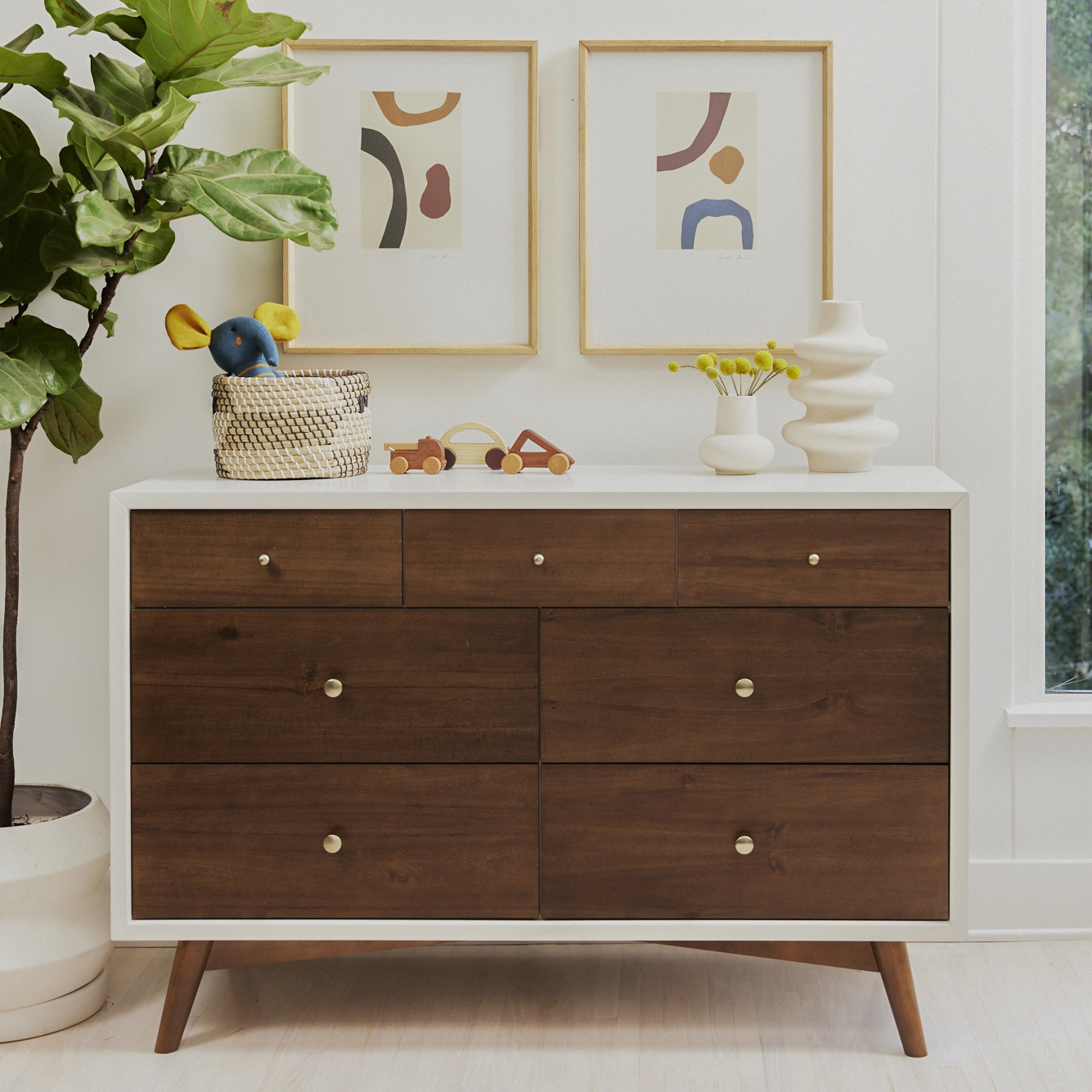 babyletto Palma 7-Drawer Assembled Double Dresser - Warm White With Natural Walnut.