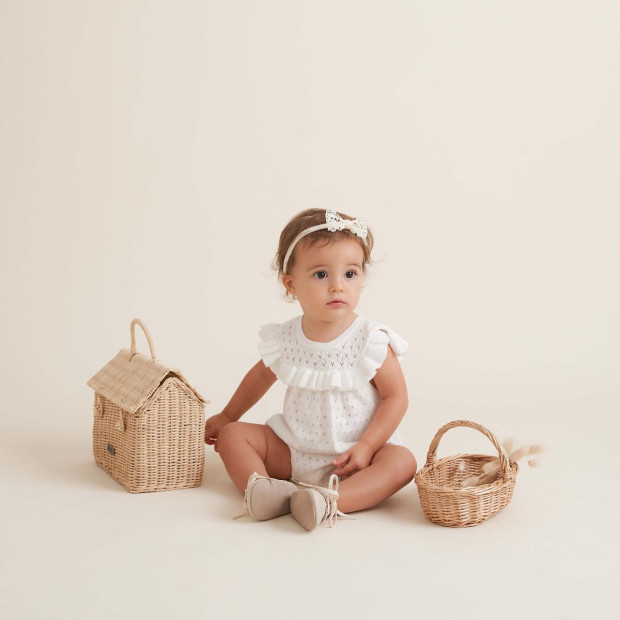 Elegant Baby Pointelle Knit Baby Bubble Romper - White, 6 M.