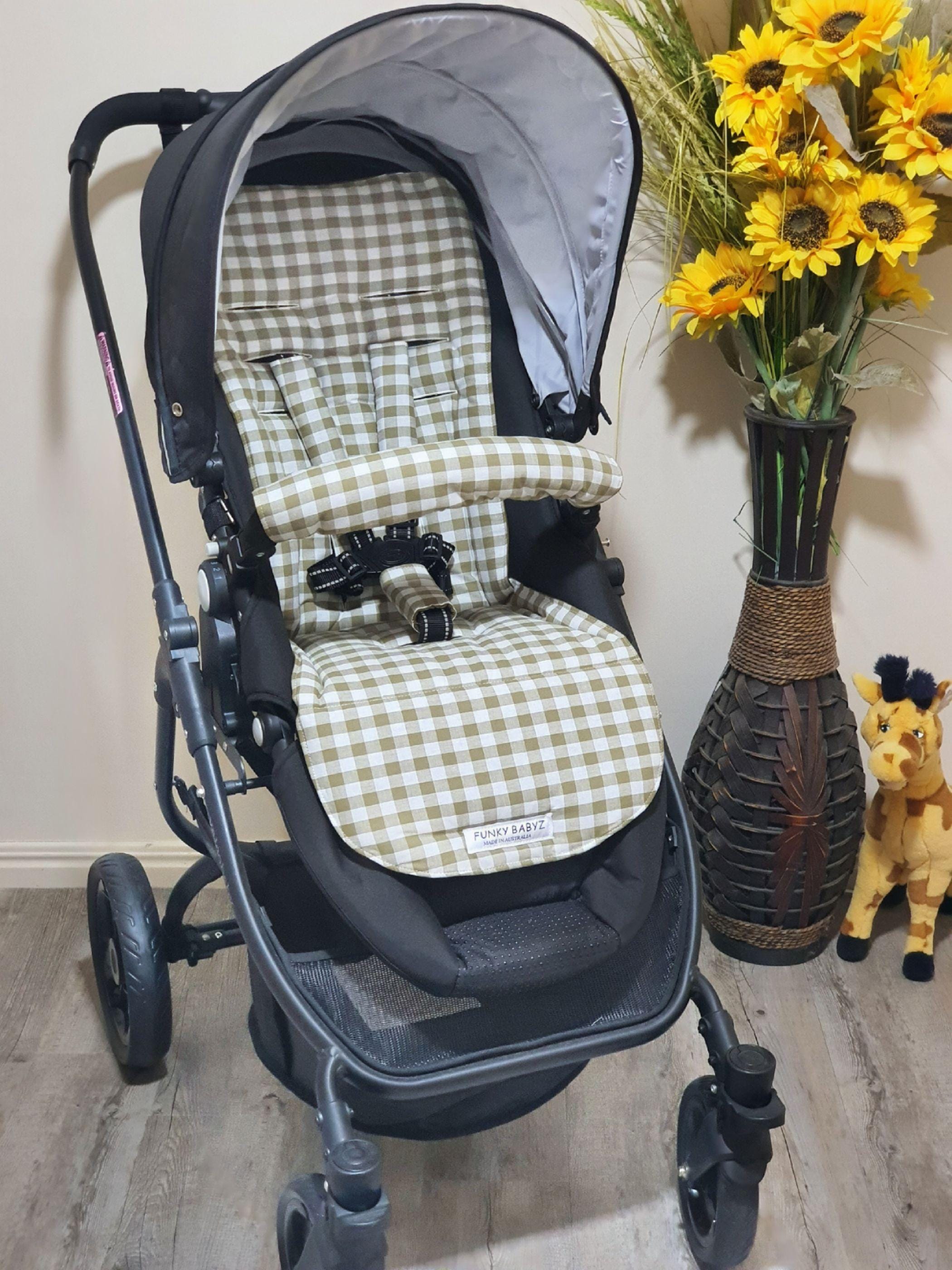 FunkyBabyz Stroller Seat Liner Khaki Green Gingham.