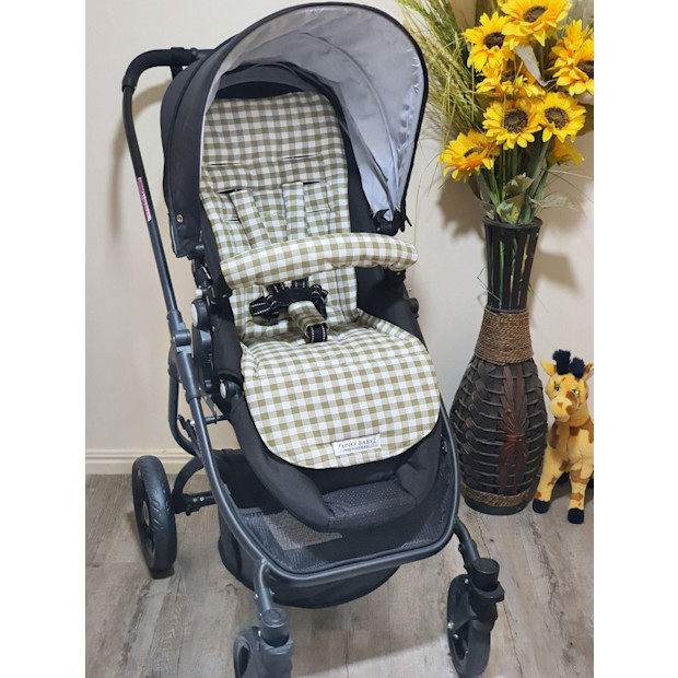 FunkyBabyz Stroller Seat Liner Khaki Green Gingham.