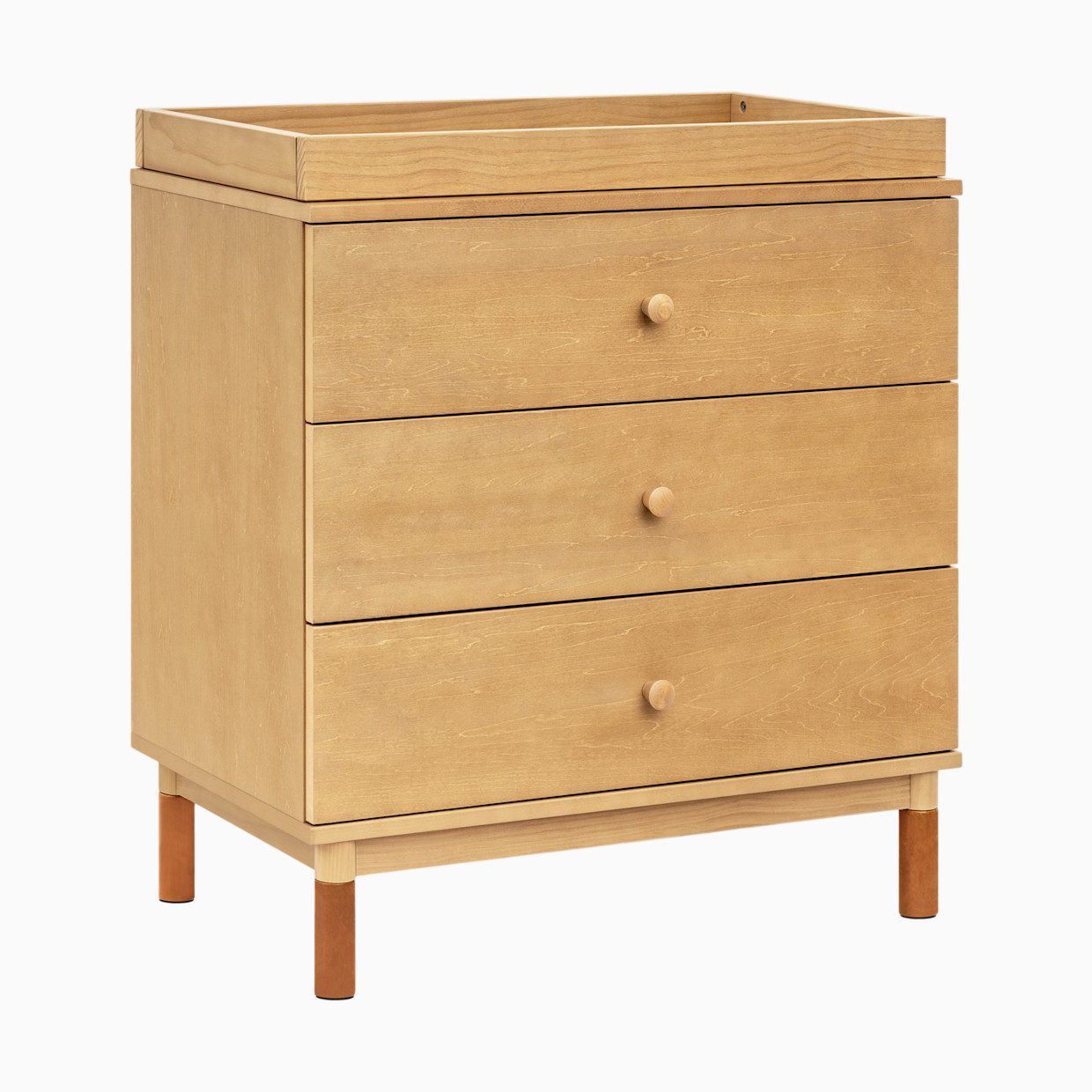 babyletto Gelato 3-Drawer Changer Dresser - Honey With Vegan Tan Leather Feet.