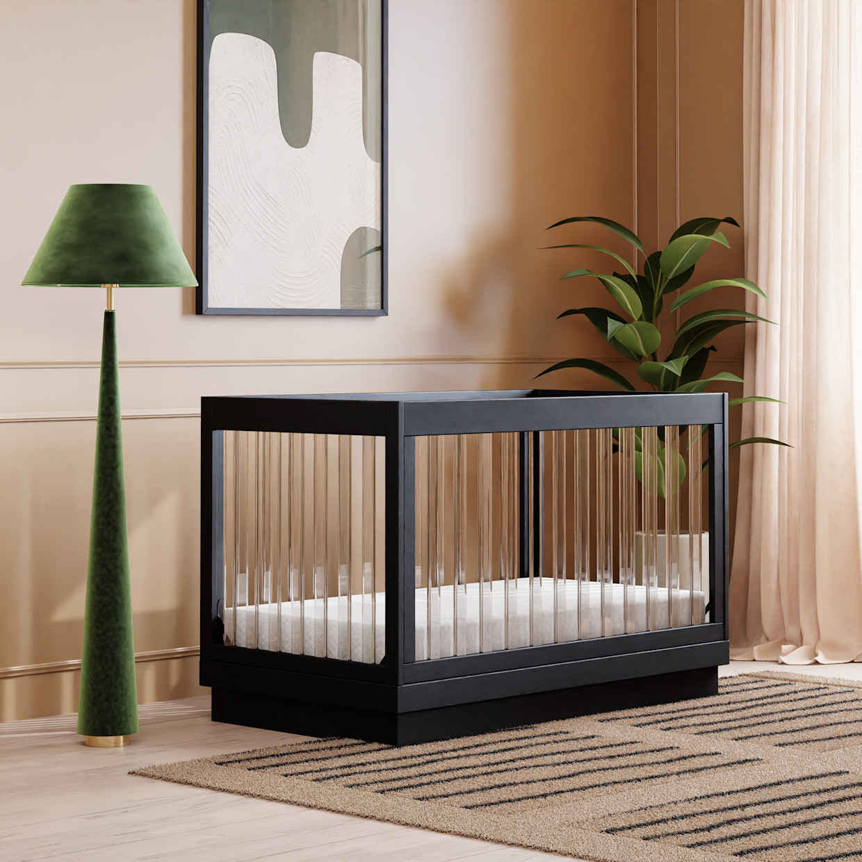 babyletto Harlow Acrylic 3-in-1 Convertible Crib with Toddler Bed Conversion Kit - Black With Black Base And Acrylic Slats.
