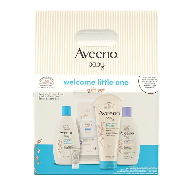 Aveeno Baby Welcome Little One Gift Set, Baby Skincare Set with Nourishing Baby Body Wash & Shampoo, Calming Bath Wash, All Over Baby Wipes, Daily Moisturizing Lotion, & Baby Balm, 5 Items