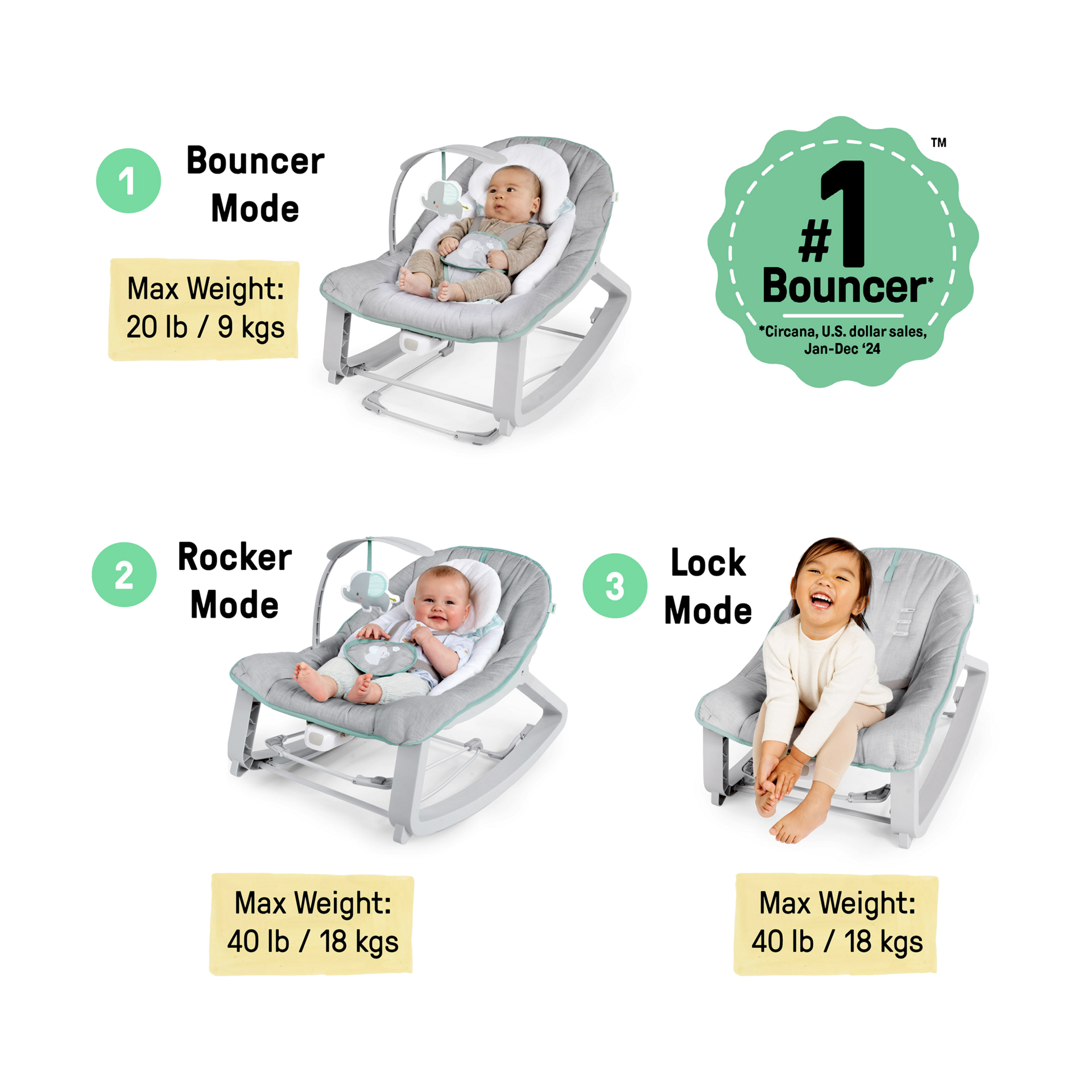 Ingenuity Keep Cozy 3-in-1 Grow with Me Baby Bouncer, Rocker & Toddler Seat.