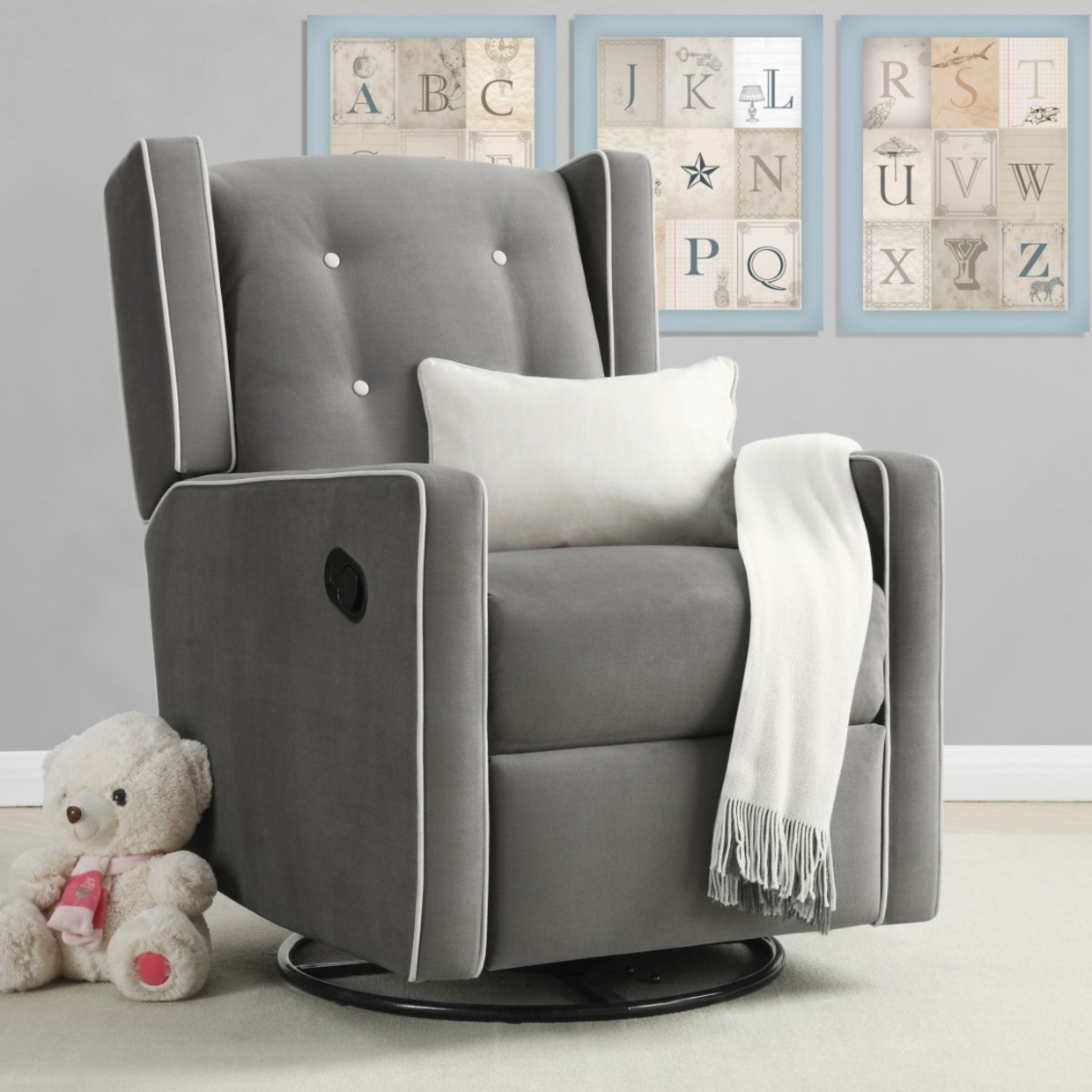 Baby Relax Mikayla Swivel Glider Rocker Recliner Chair - Gray Microfiber.