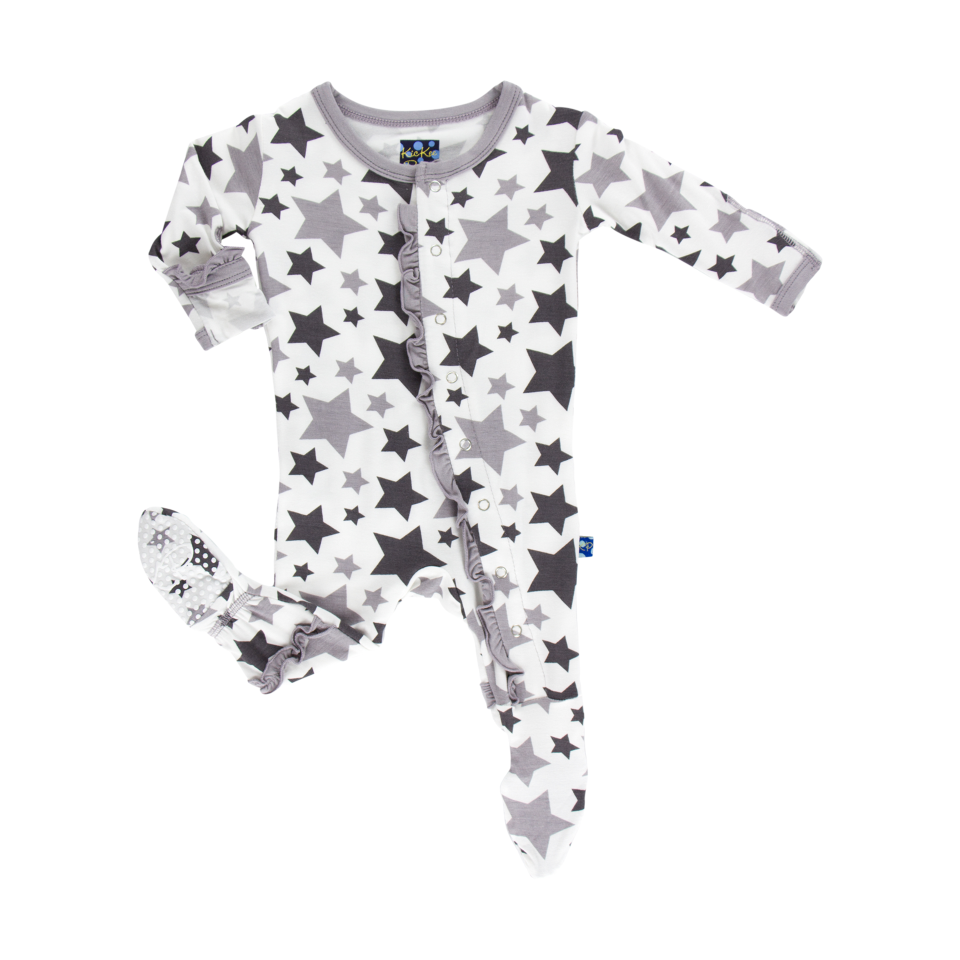 KicKee Pants Essentials Print Classic Ruffle Footie - Feather Rain Stars, 0-3 Months.