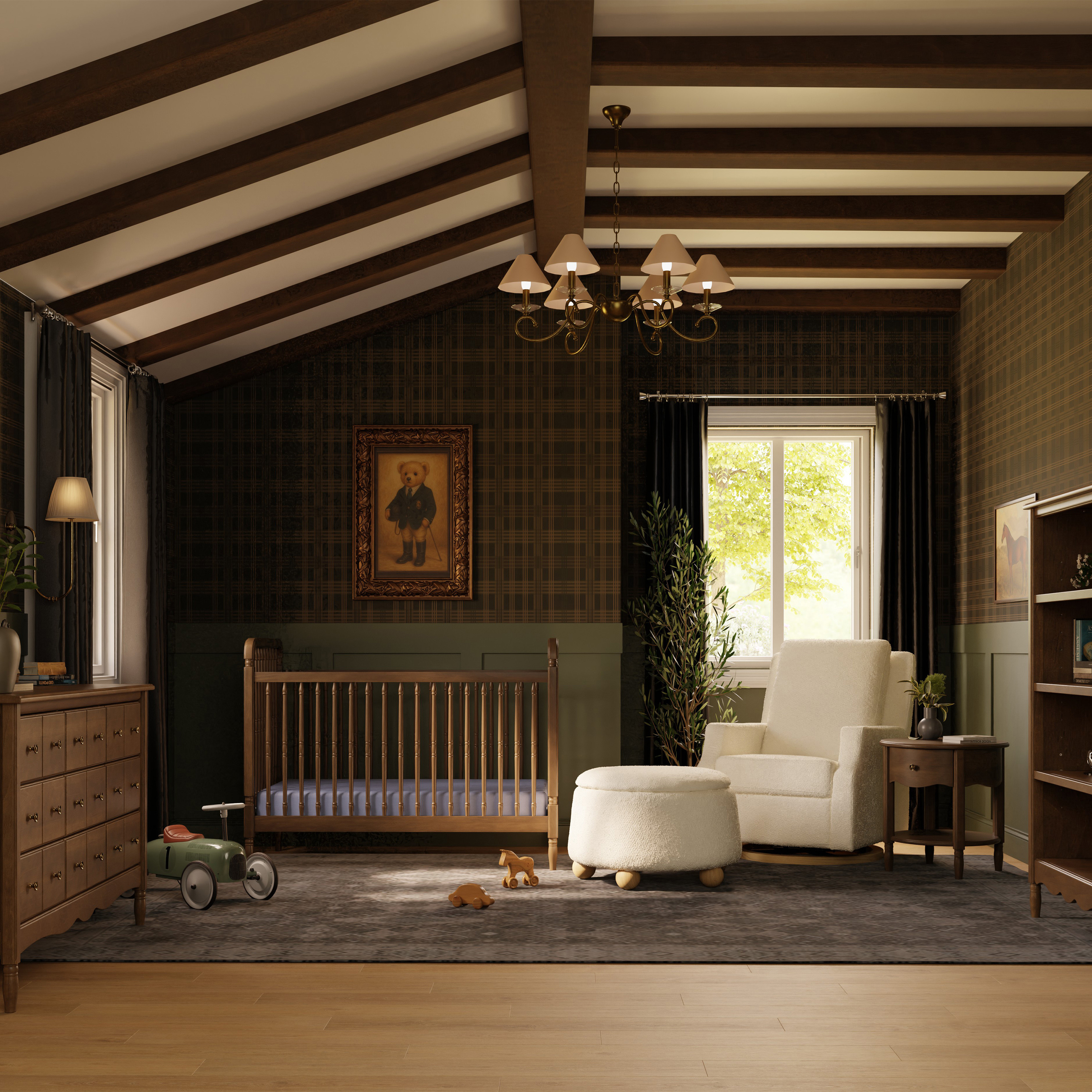 Namesake Liberty 3-in-1 Convertible Spindle Crib with Toddler Bed Conversion Kit - Natural Walnut.