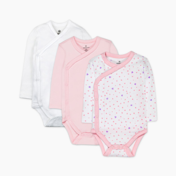 Honest Baby Clothing 3-Pack Organic Cotton Long Sleeve Side-Snap Bodysuits, Honestly Pure White - Love Dot, Nb.