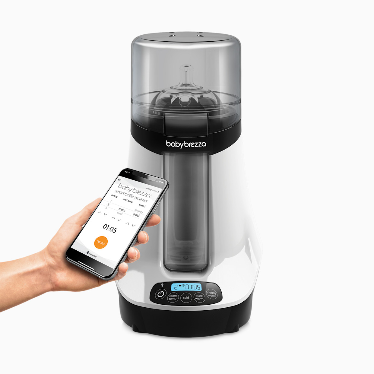 Baby Brezza Smart Bluetooth Connected Bottle Warmer - White On Black.