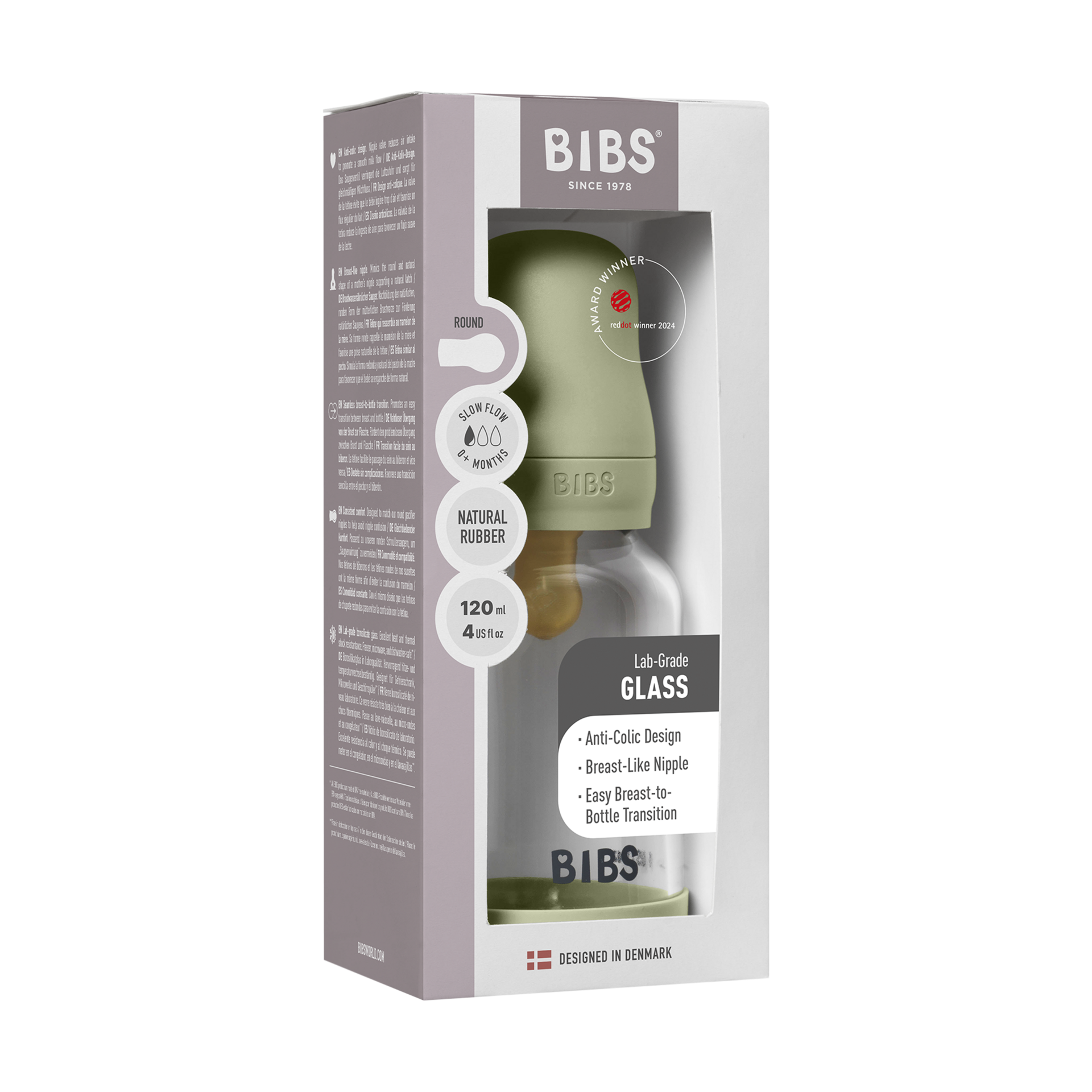 BIBS Baby Glass Bottle with Natural Rubber Nipple - Sage, 4oz.